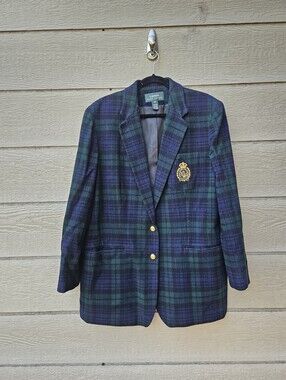 Lauren Ralph Lauren green and navy blackwatch blazer with crest size 16W